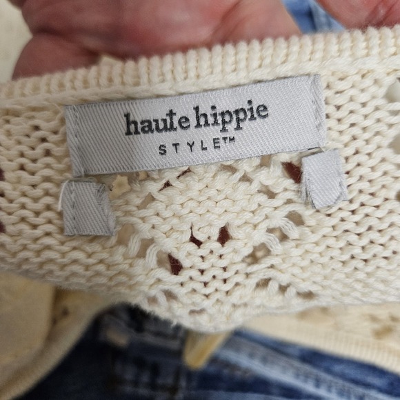Haute Hippie Crochet Crop Top Women's Small Ivory Bohemian Flutter Sleeve EUC * - Picture 3 of 10